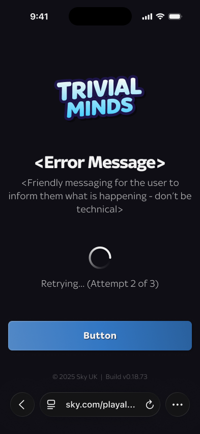 Trivial Minds full-screen error template on phone: a placeholder error message, a retry indicator (Retrying, attempt 2 of 3), and a button