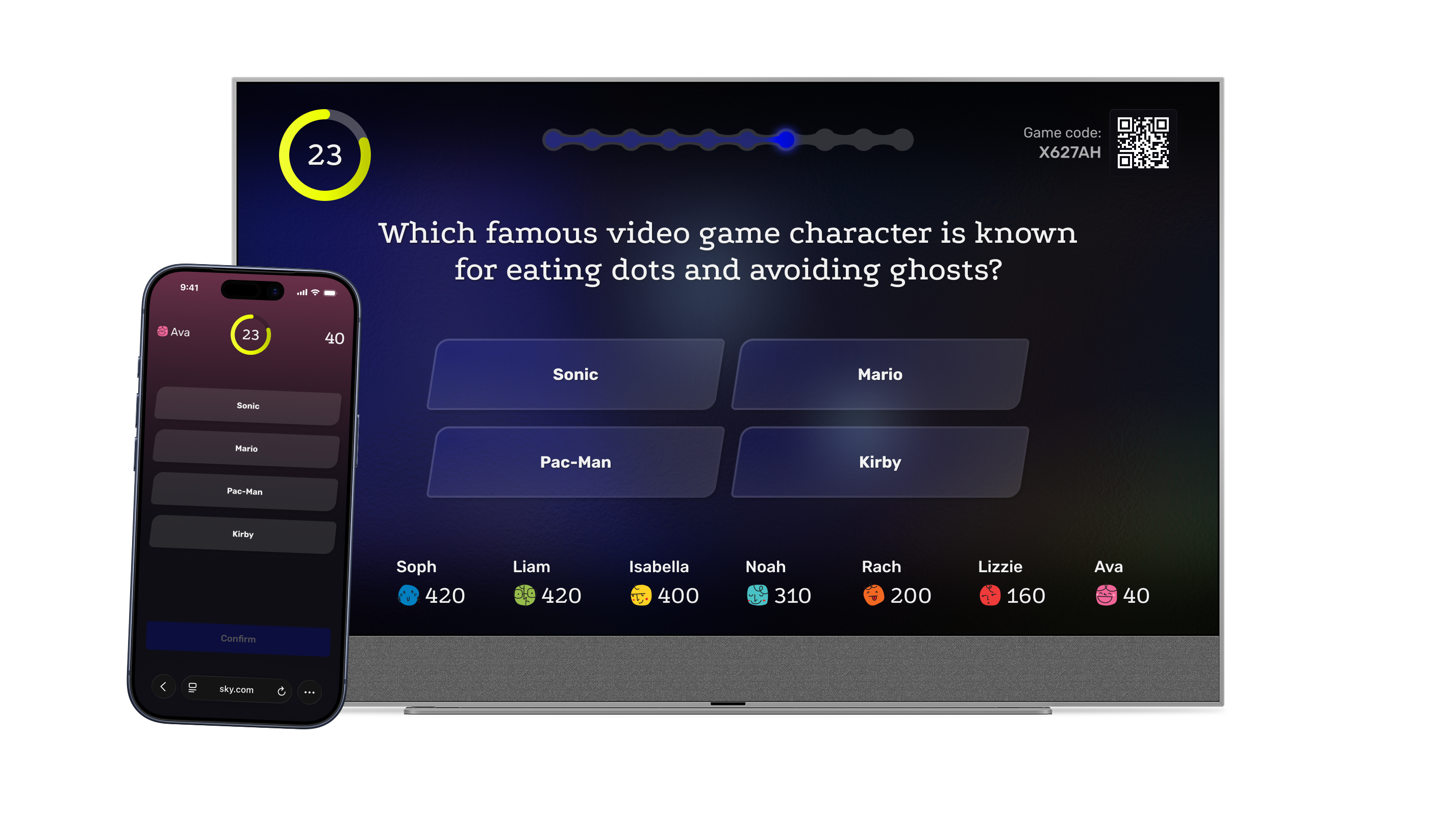 Play Along gameplay showing a quiz question on TV with the phone controller alongside